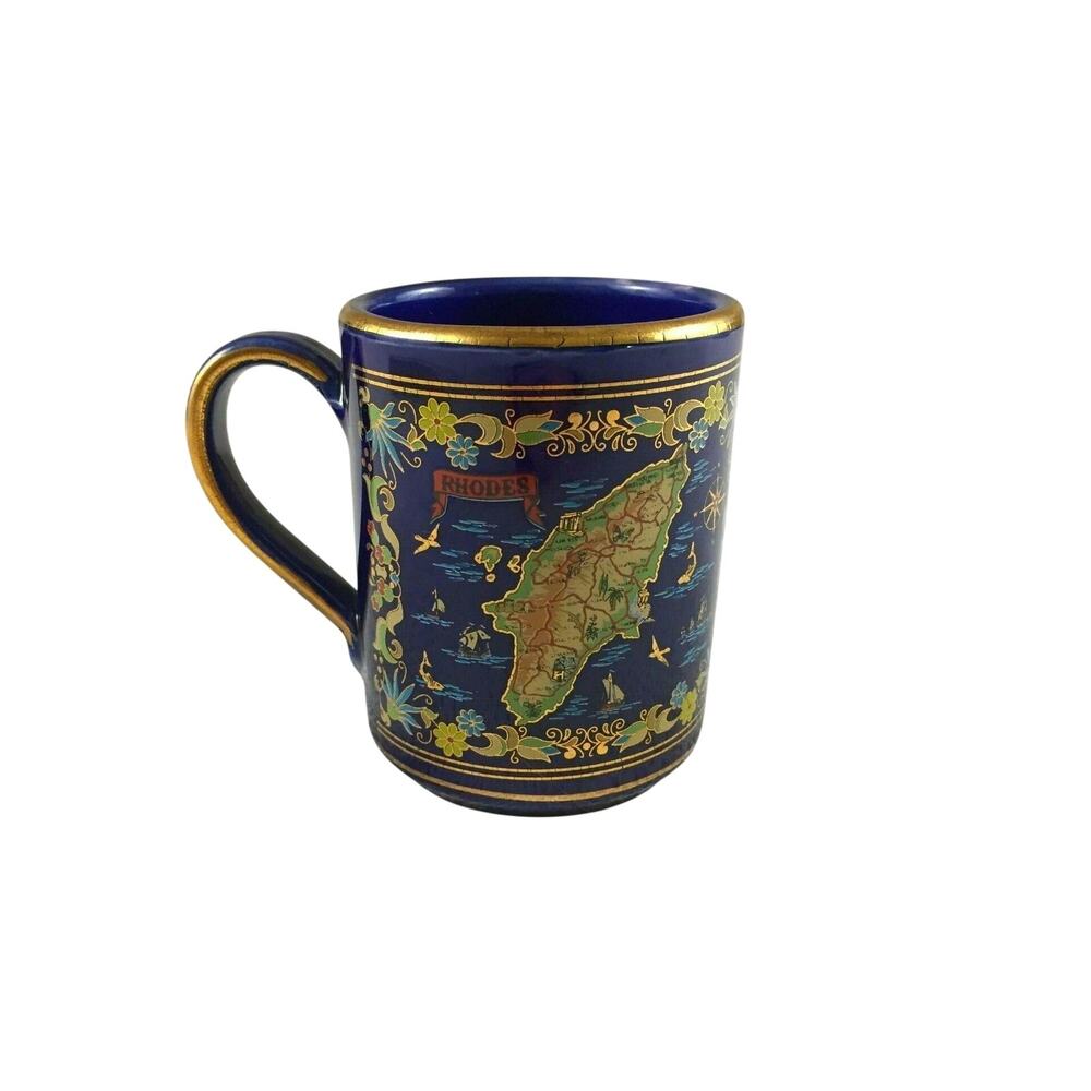 Rhodes Coffee Mug Giannis 24K Gold Trimmed Deep Blue Handmade in Rhodos